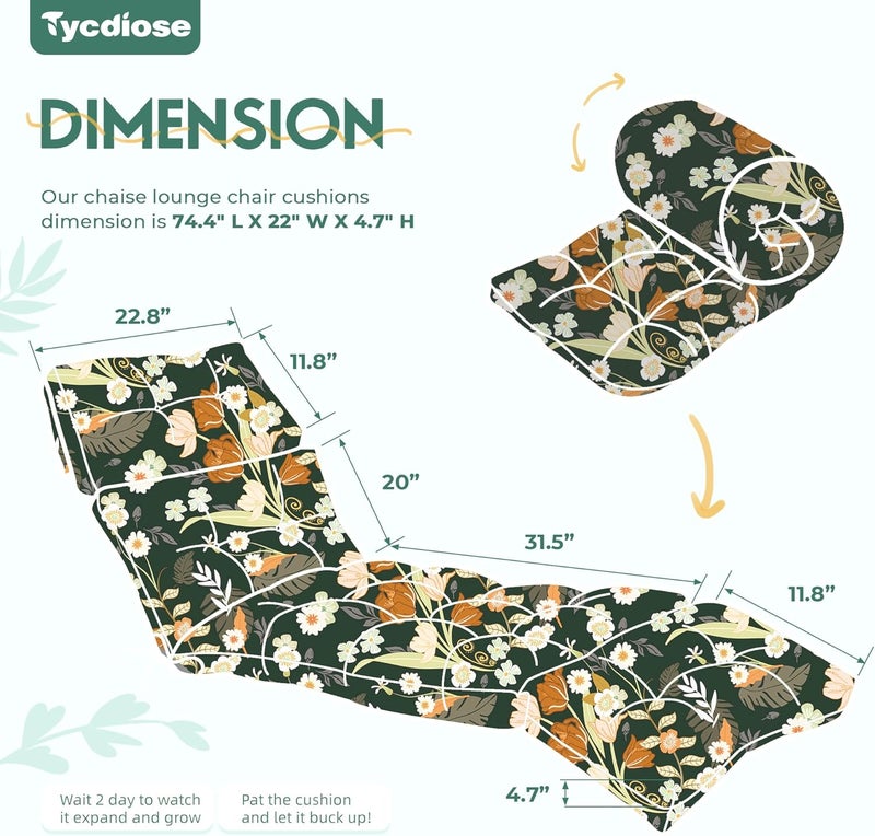 Tycdiose Outdoor Chaise Lounge Chair Cushion Waterproof 74.4 x 22 x 4.7 Inches Memory Foam Lounge Chair Cushions for Outdoor Furniture with Ties, Thickened Pool Lounge Chair Cushion, Green Floral - Image 2